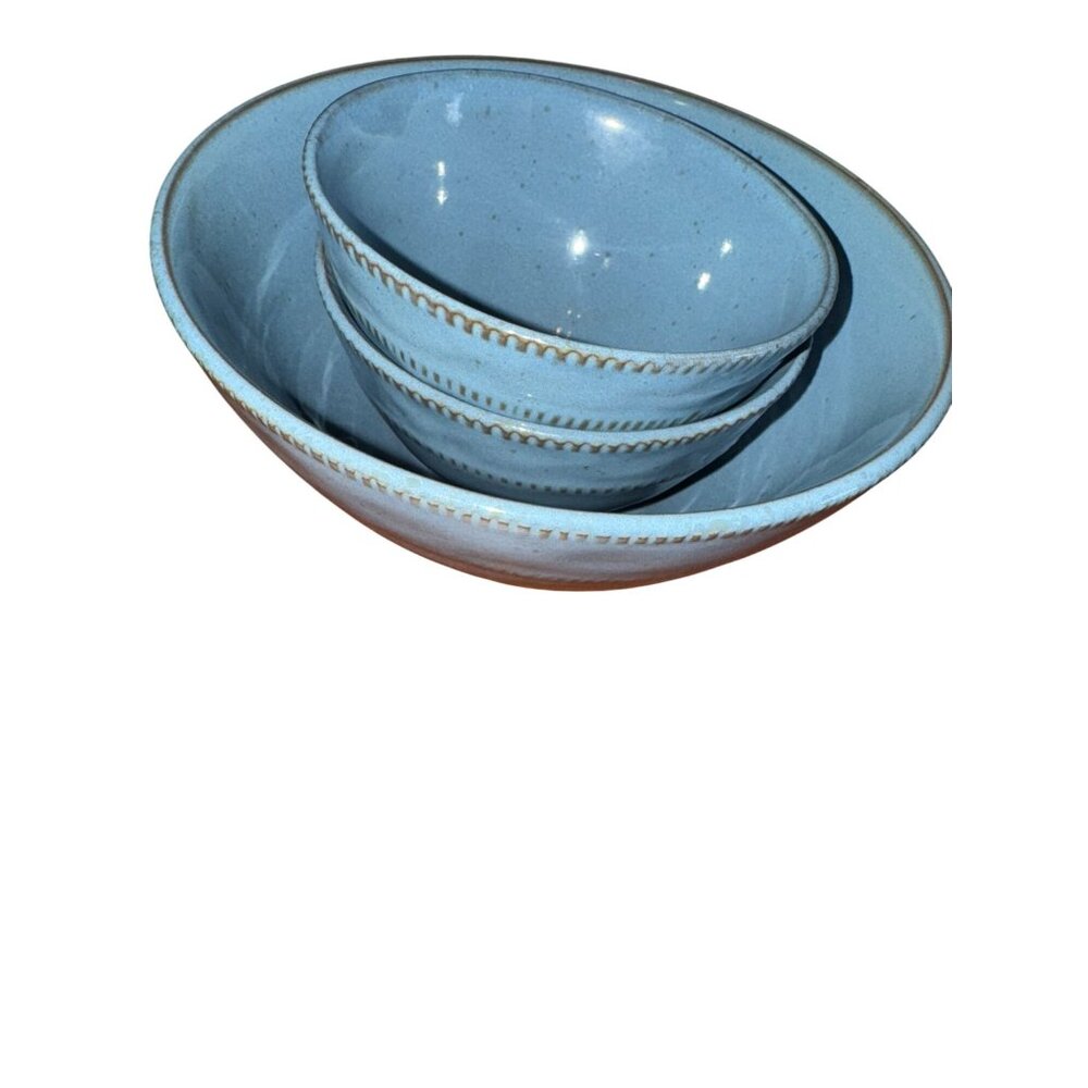 Laurie Gates Blue Ceramic Nesting Bowls Set Of 3 Handcrafted & Textured Design S